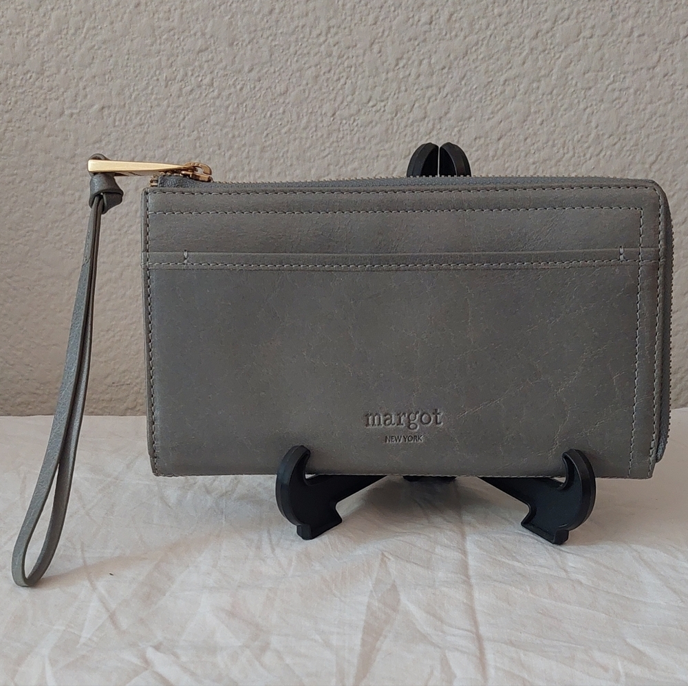 Margot New York Gray Leather Wristlet Wallet